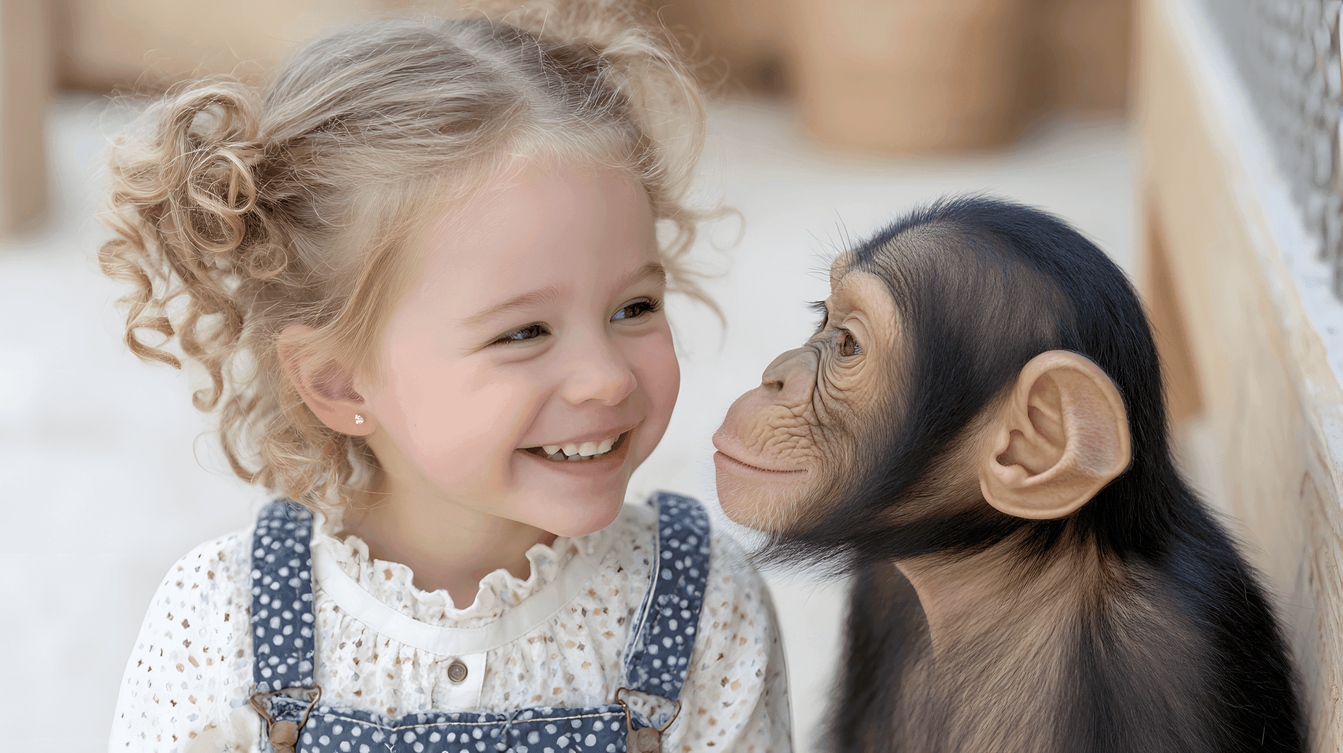 Young girl smiling alongside a baby chimpanzee