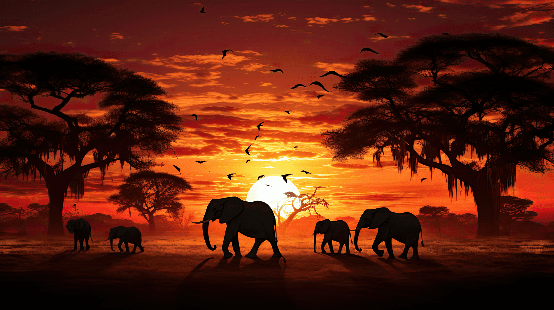 Elephant family silhouette at sunset on the African savanna